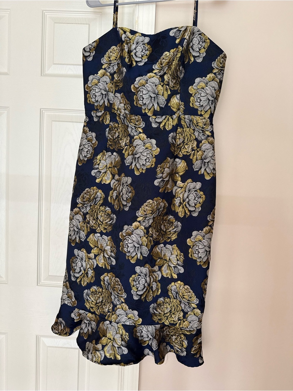 Strapless Navy Floral Sheath Dress with Gold Accents